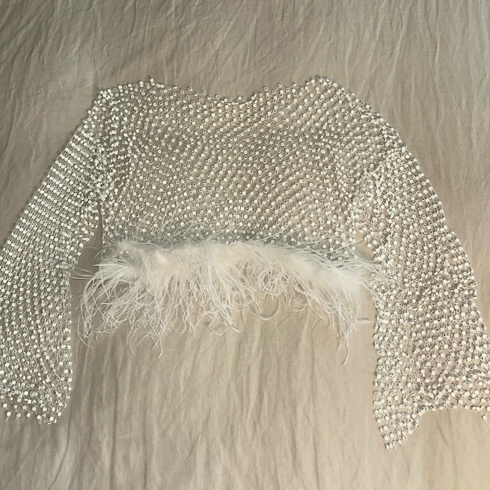 Stunning White Sparkle Net Blouse with Feathers!